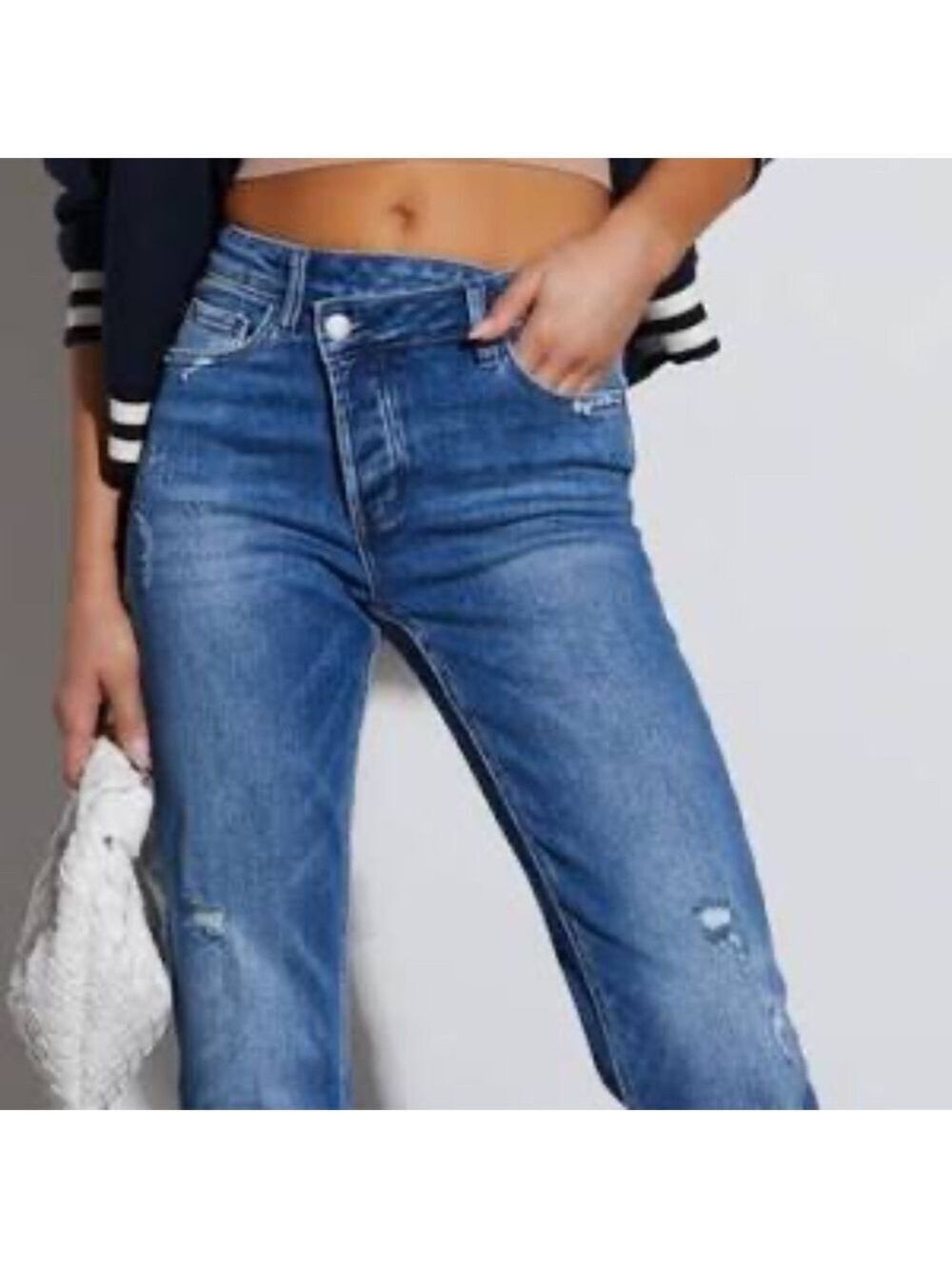 Vervet by Flying Monkey Lucy High Rise Cross Over Relaxed Distressed Jeans
